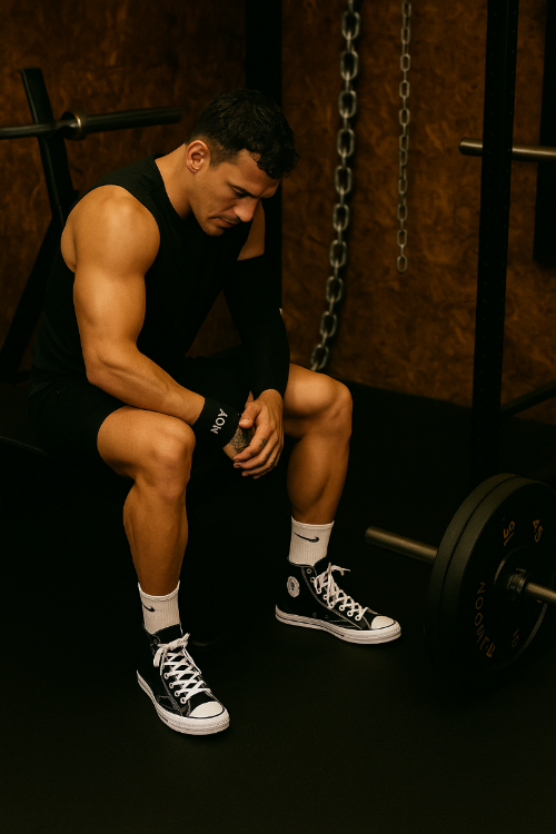 Man in workout attire sitting on a barbell in a gym setting