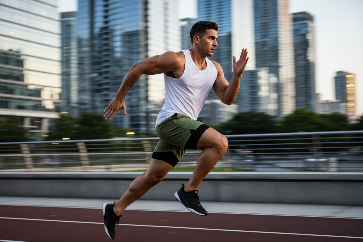 Homepage banner with model running in city